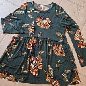 Green Babydoll Top Or Mini Dress L-XL Brown Flowers Lime & Chili